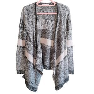 RD Style Waterfall Cardigan Small Black White Marled Open Front Drape Sweater